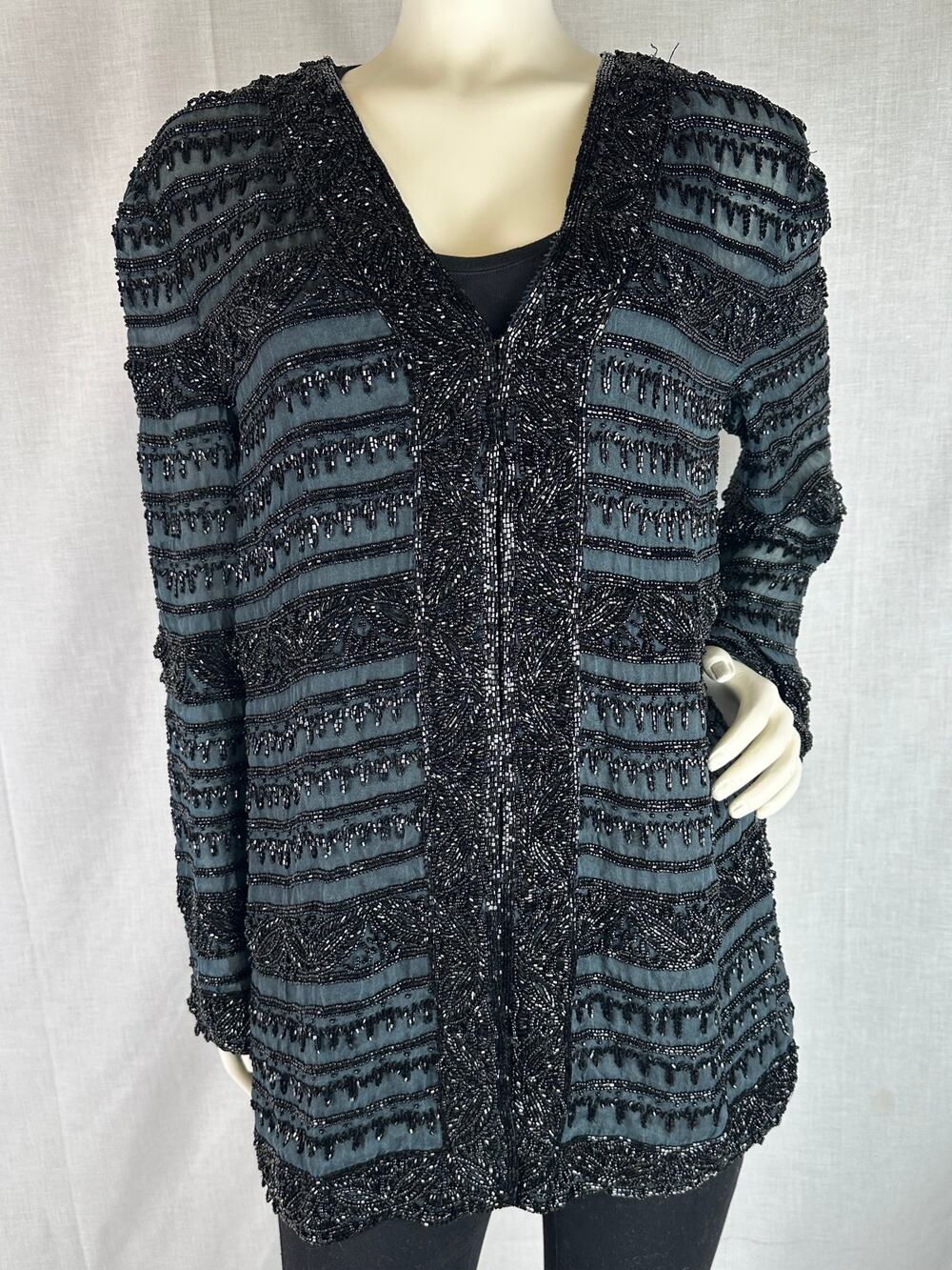 Vintage Oleg Cassini Black Tie Heavily Beaded Silk Evening Jacket Women's Sz L